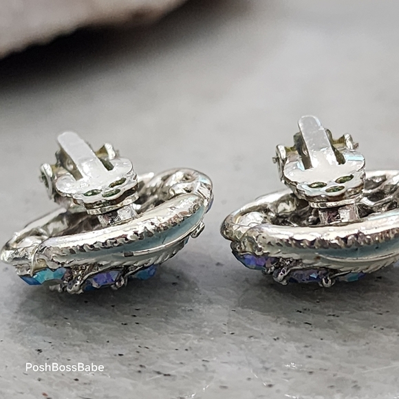 Vintage Aurora Borealis Rhinestone Clip-On Earrings | Silver Tone & Enamel - Picture 3 of 9